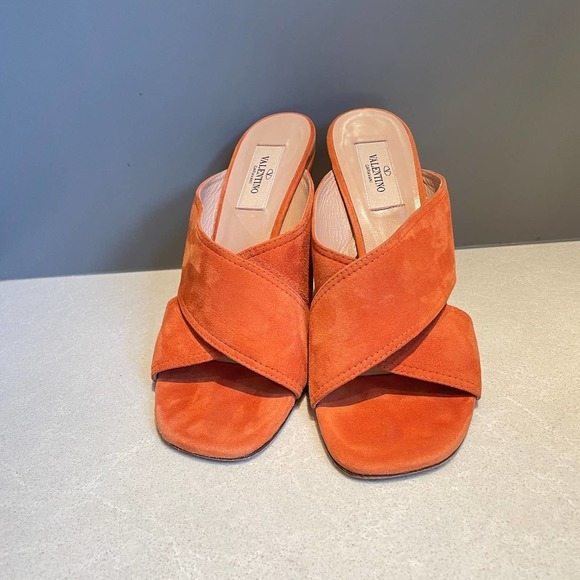 Valentino Crossover Wedge Heels 38 8 Orange Rust Suede Cork Slides Sandals - Picture 5 of 8